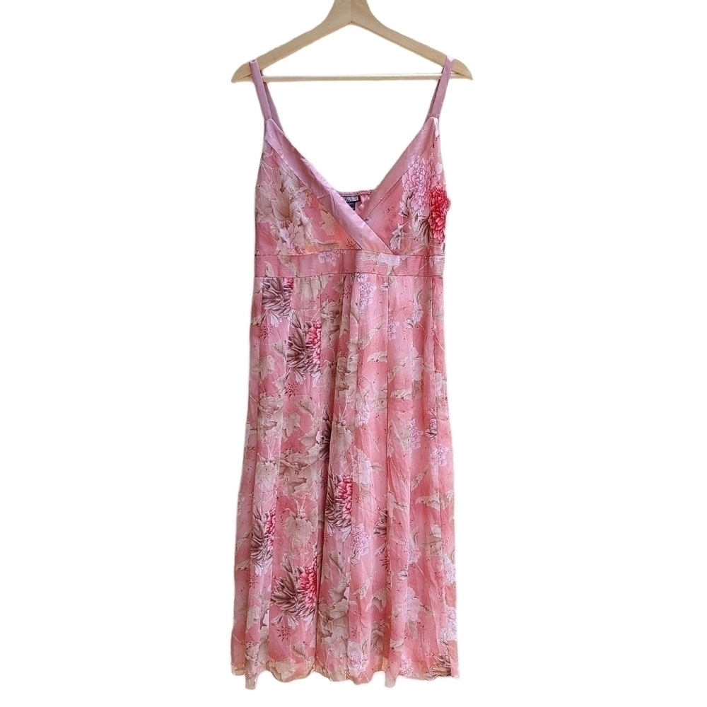 believe Soft Pink Floral Y2K Satin Strap Slip Dress Rosette Midi Medium
